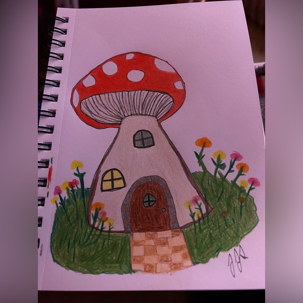 Original Whimsical Mushroom  Color Pencil Drawing